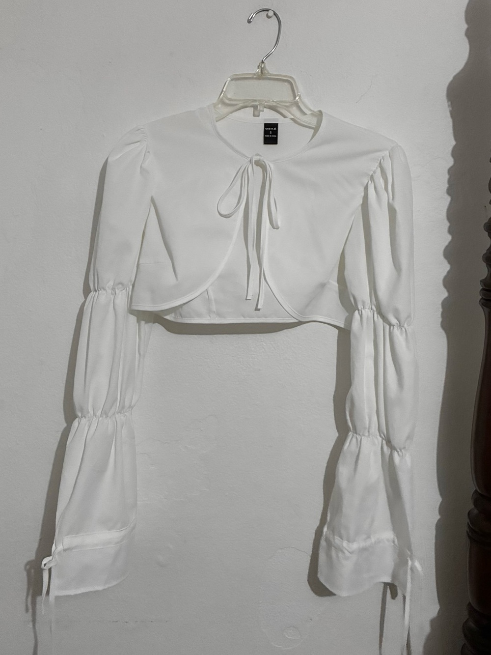 SHEIN White Tie-Front Cropped Blouse with Tiered Bishop Sleeves